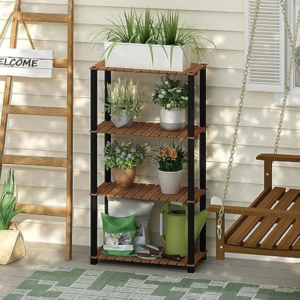 Furinno Pangkor 4-Tier Wood Plant Stand – Indoor Outdoor Display Shelf