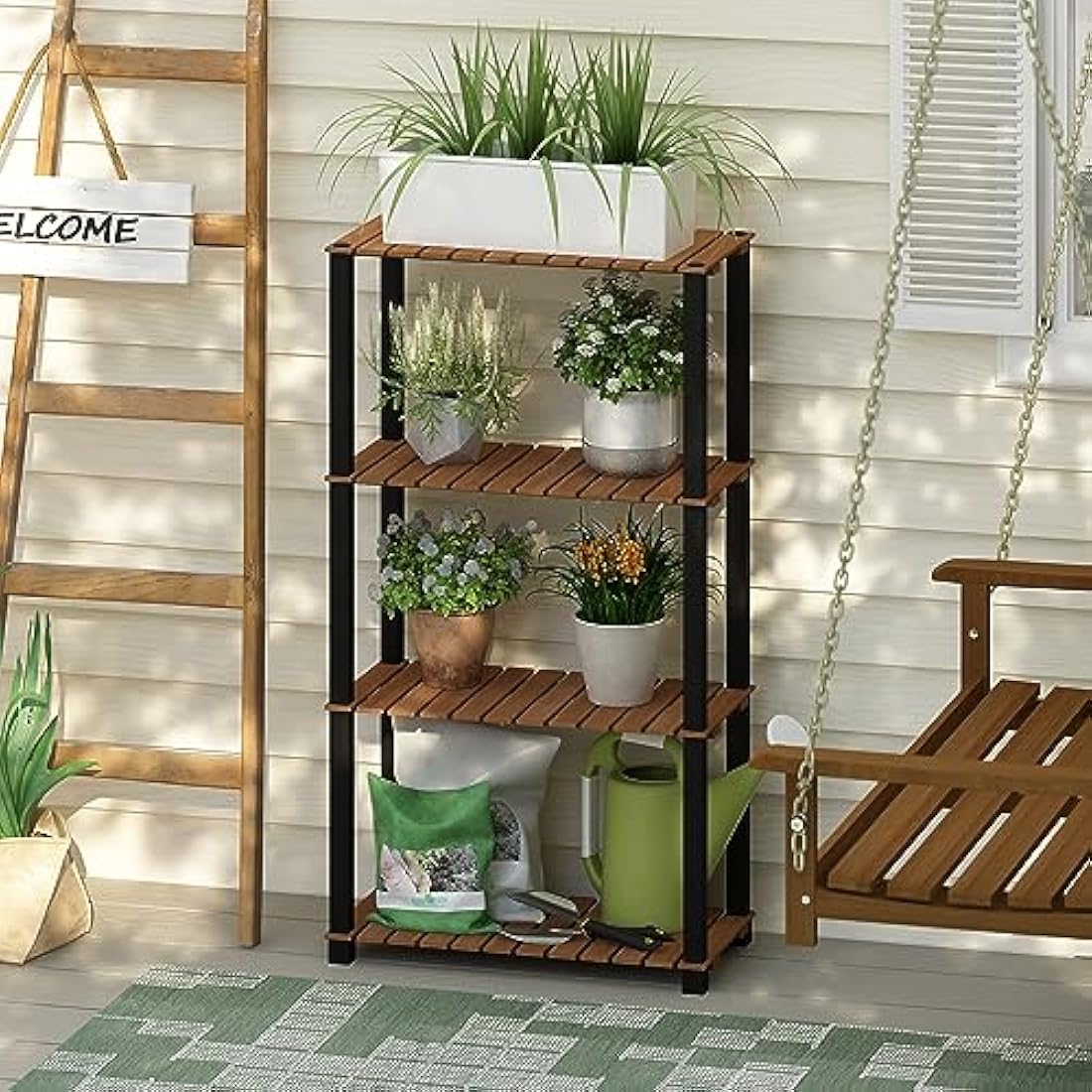 Furinno Pangkor 4-Tier Wood Plant Stand – Indoor Outdoor Display Shelf