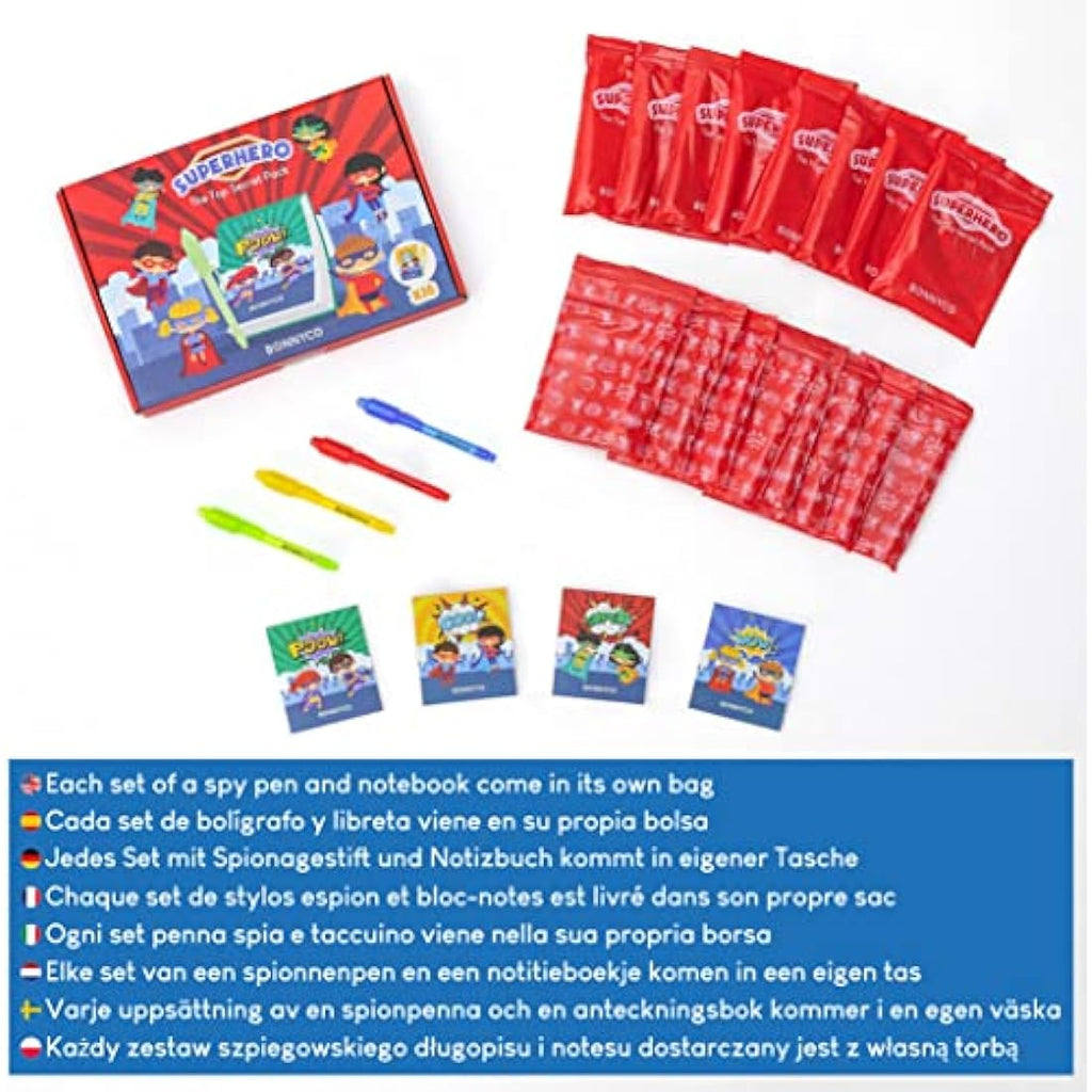 BONNYCO Superhero Invisible Ink Pen and Notebook Set - 16 Pack Party Favors