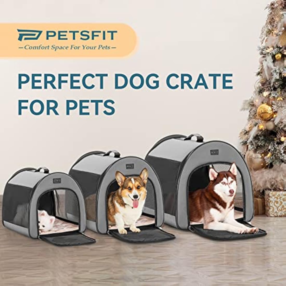 Petsfit 30 Inch Soft Dog Crate – Portable Foldable Travel Pet Kennel, Grey