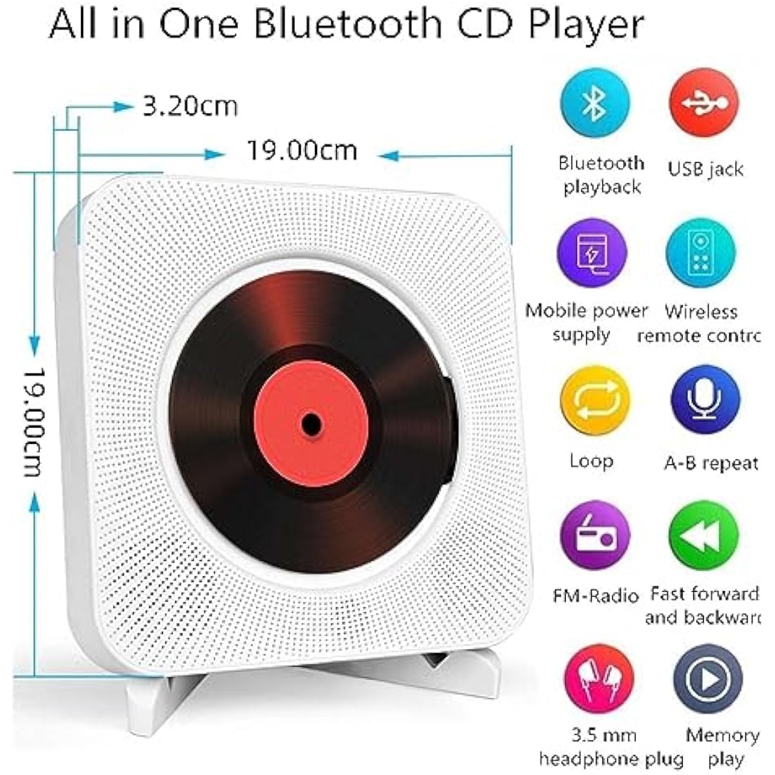 Adirigo Portable Bluetooth CD Player – Wall Mounted HiFi Home Audio (White)