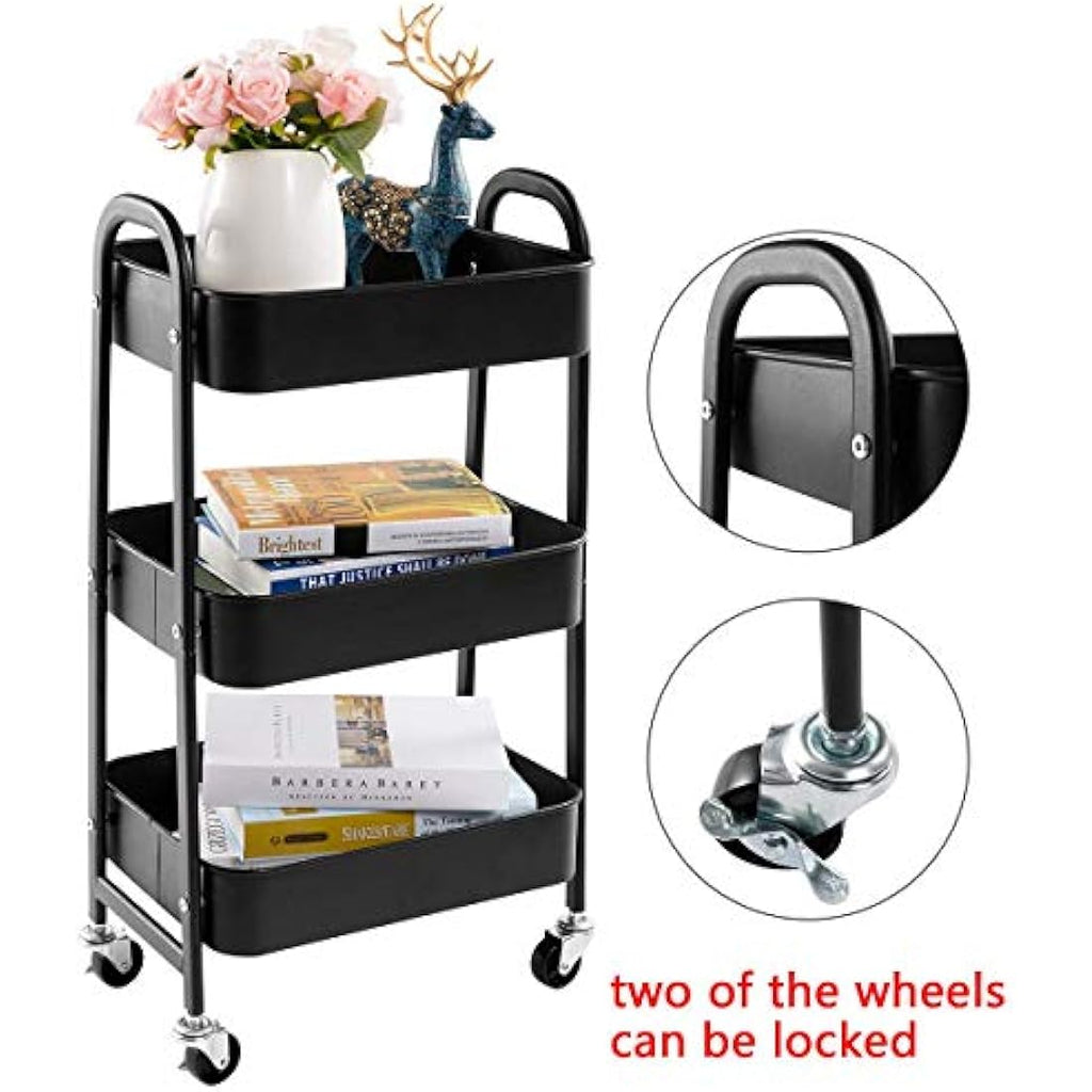 Jolof Store 3-Tier Metal Rolling Utility Cart - Slim Storage Trolley, Black