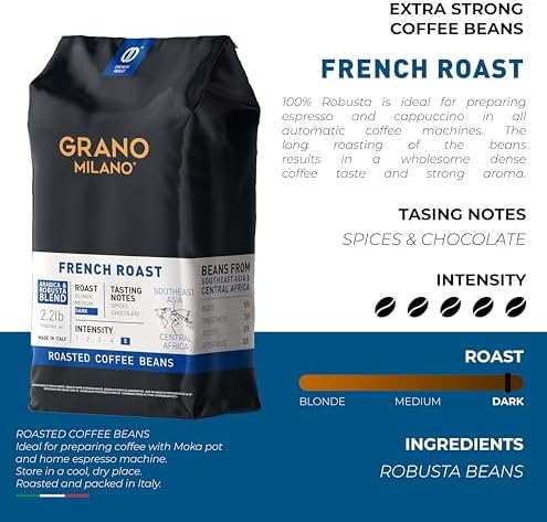 Grano Milano Robusta Coffee Beans – 1kg Dark French Roast Extra Strong