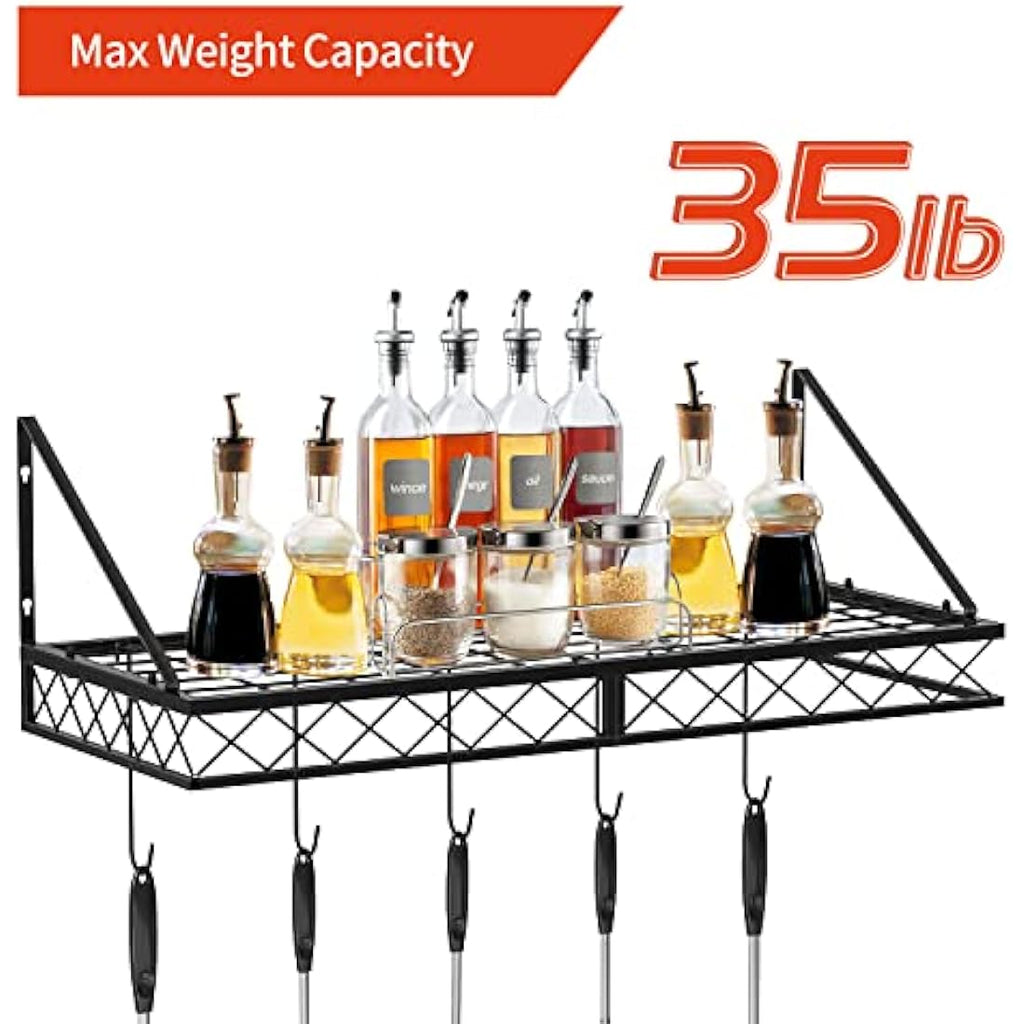 Mutool 70CM Wall Mount Pot Pan Rack | Metal Kitchen Shelf with 10 Hooks