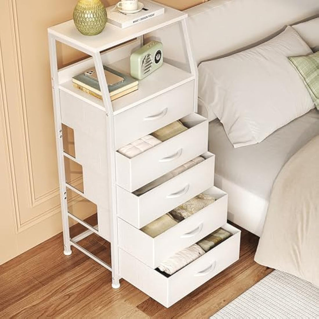 5-Drawer Fabric Dresser – Tall White Chest of Drawers