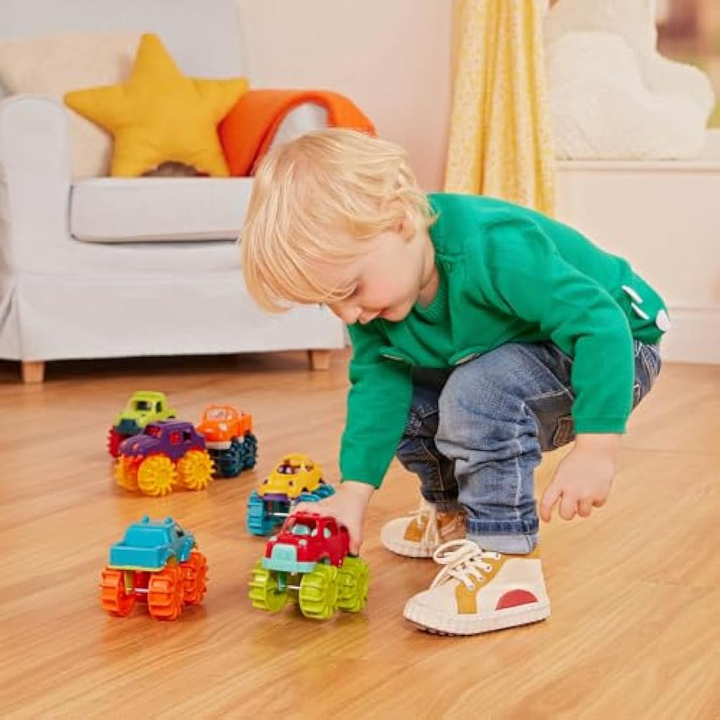 Battat Mini Monster Trucks – 6 Pack Colorful Toddler Toy Cars with Bag