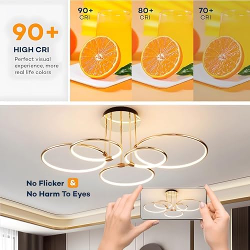 YYUTLUO Modern LED Ceiling Light – 108W Gold 5-Ring Dimmable Chandelier
