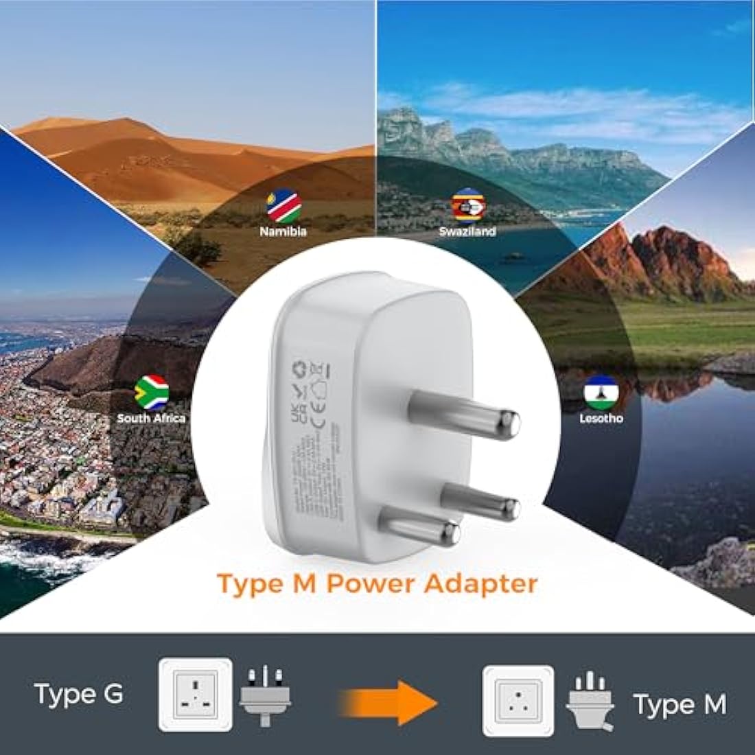 TESSAN UK to South Africa Plug Adapter 2 Pack | Type M with USB C