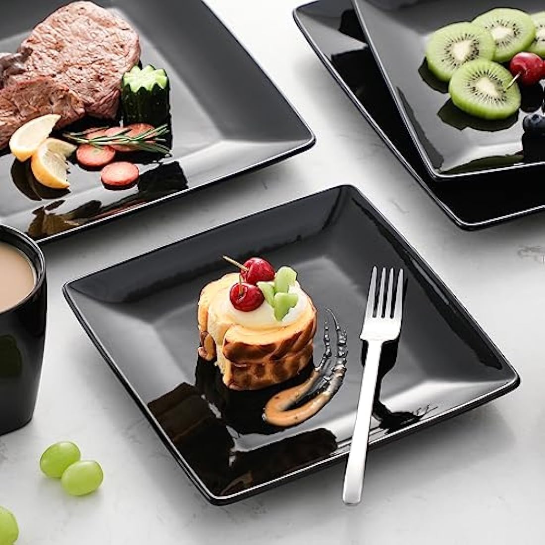 vancasso Soho 16-Piece Black Stoneware Dinner Set | Square Plates and Bowls