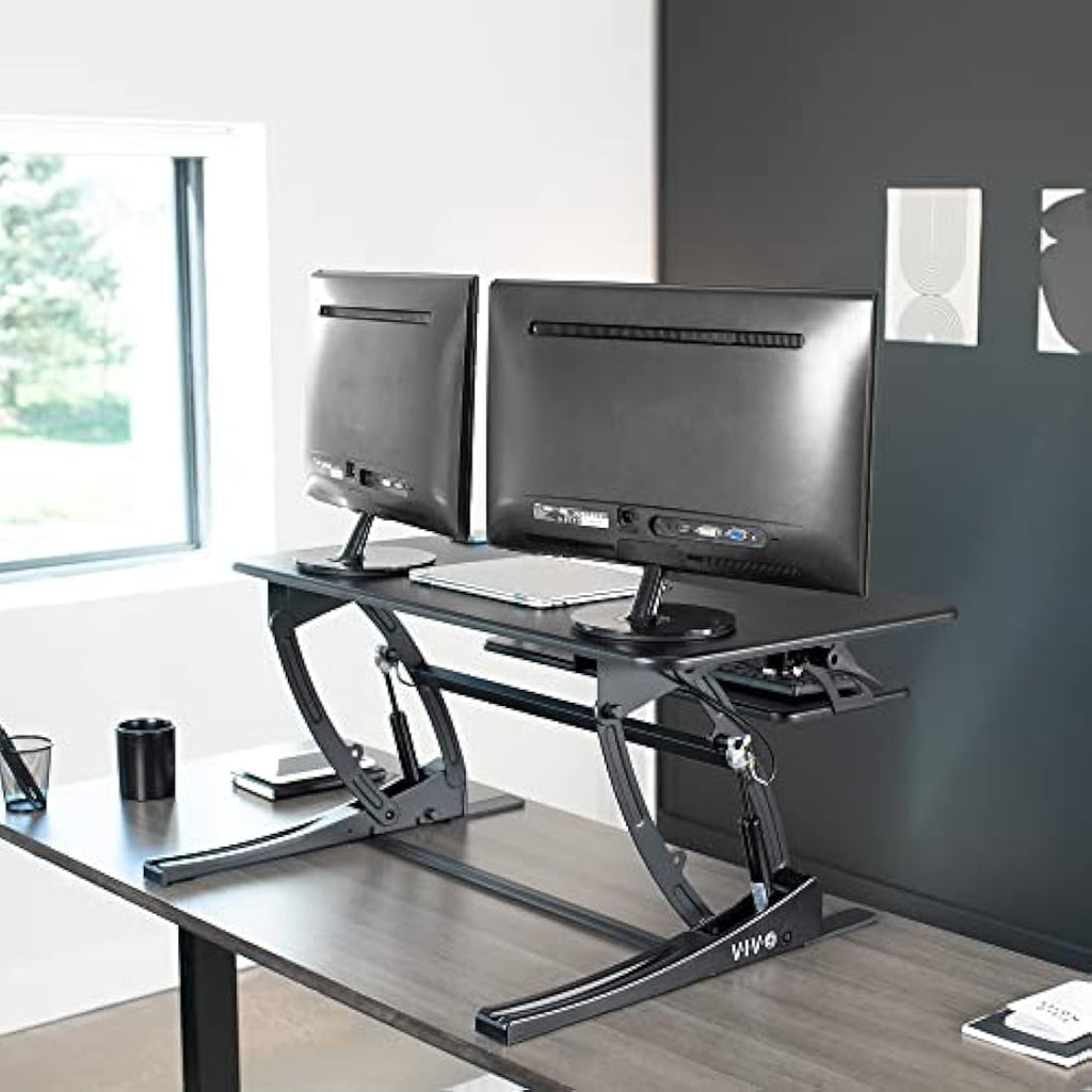 VIVO 91cm Height Adjustable Dual Monitor Stand Up Desk Converter - Black