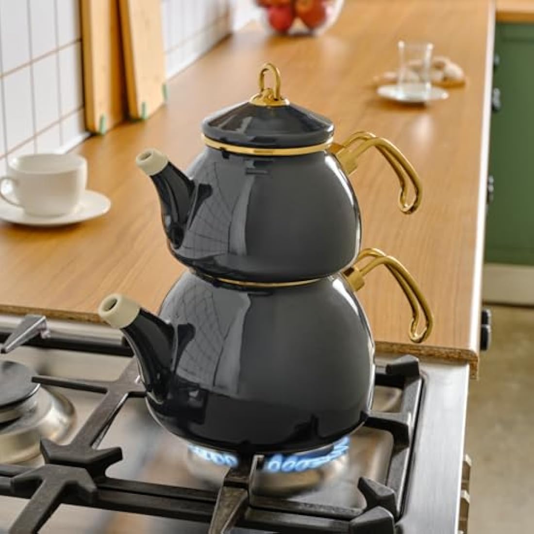 Karaca Retro Enamel Teapot and Kettle Set - Anthracite - Induction Safe