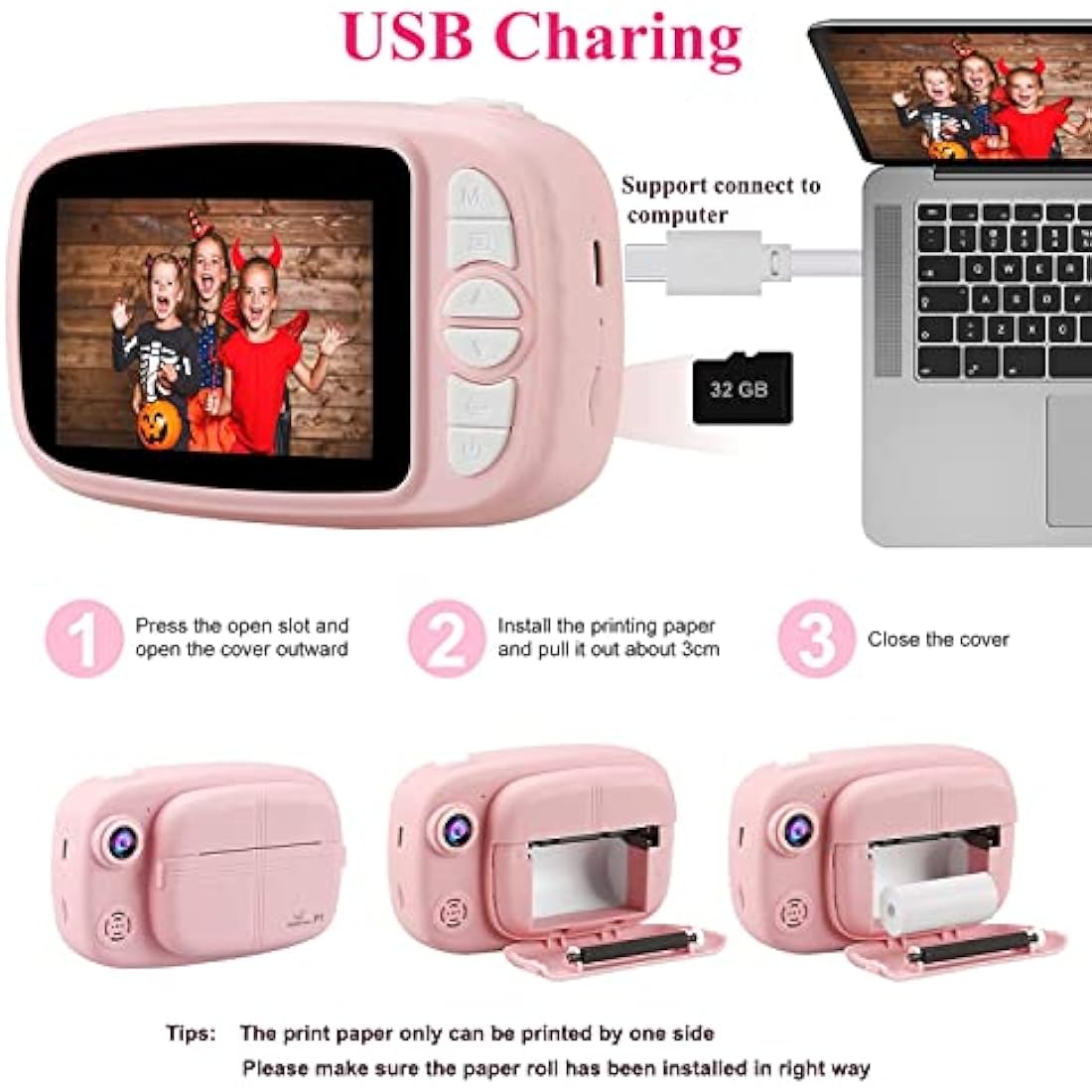 GlobalCrown Kids Instant Print Camera – 3.5" Screen 1080p Digital Video