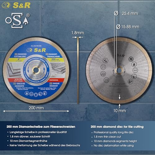 S&R Diamond Saw Blade 200mm for Porcelain, Granite and Hard Tiles