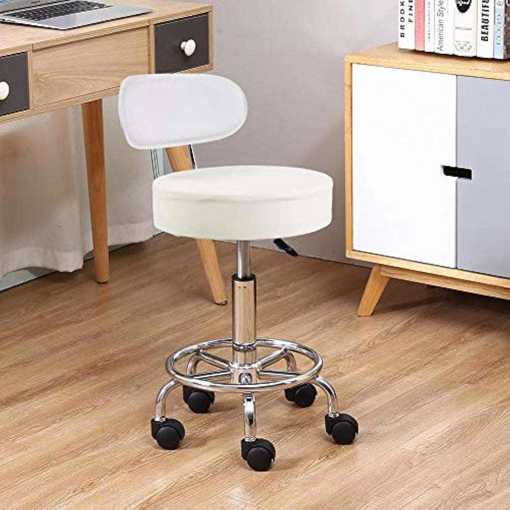 KKTONER PU Leather Rolling Stool | Adjustable Swivel Task Chair - White