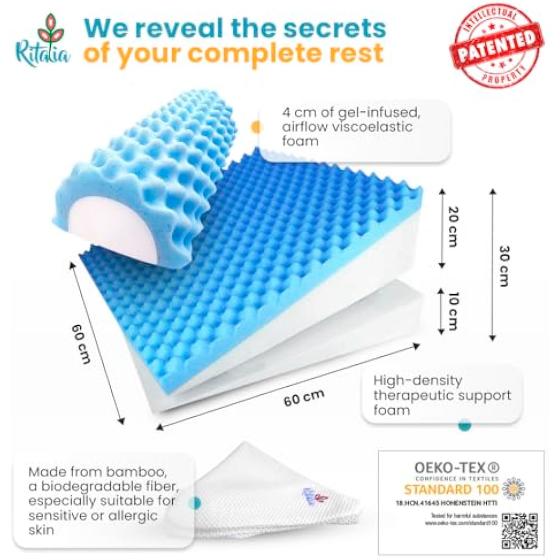 Ritalia Wedge Cushion – Memory Foam Anti-Reflux Pillow for Bed