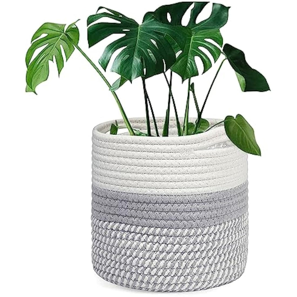Woven Cotton Plant Pot Basket with Liner - White & Grey