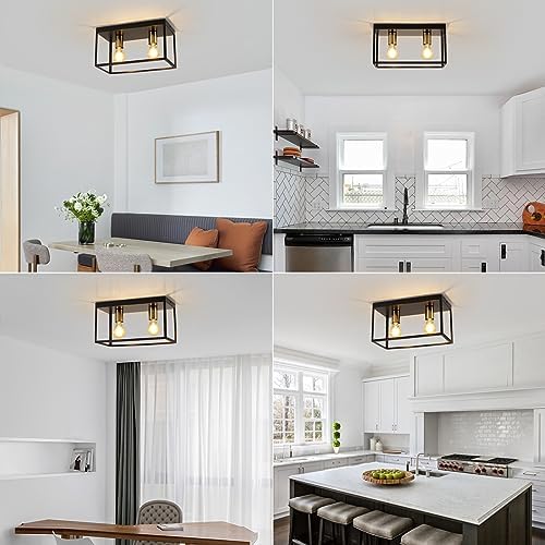 FORCOSO Industrial Black Ceiling Light – 2-Light Metal Cage Flush Mount