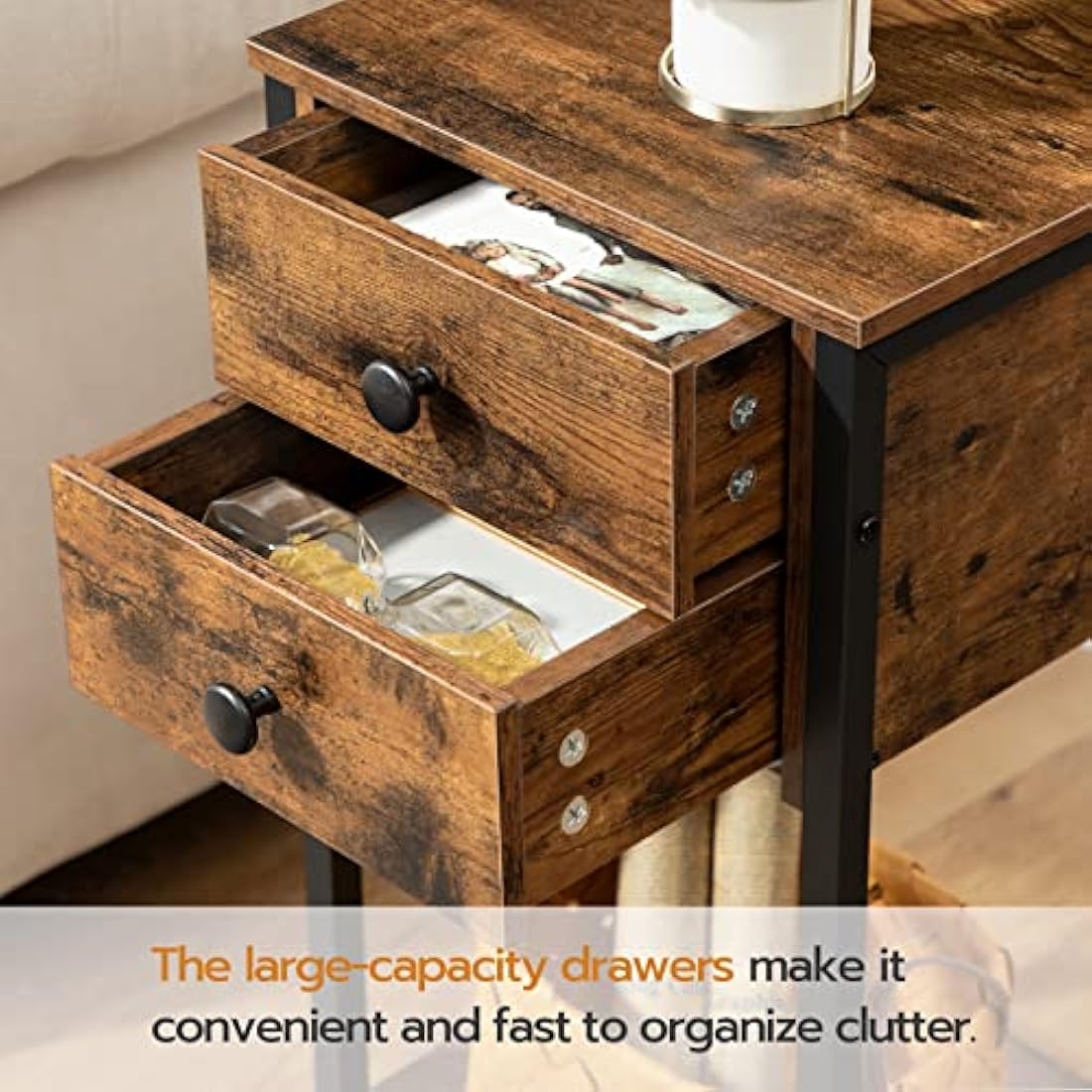 HOOBRO Tall Slim Bedside Table | 2-Drawer Industrial Side Table - Rustic Brown