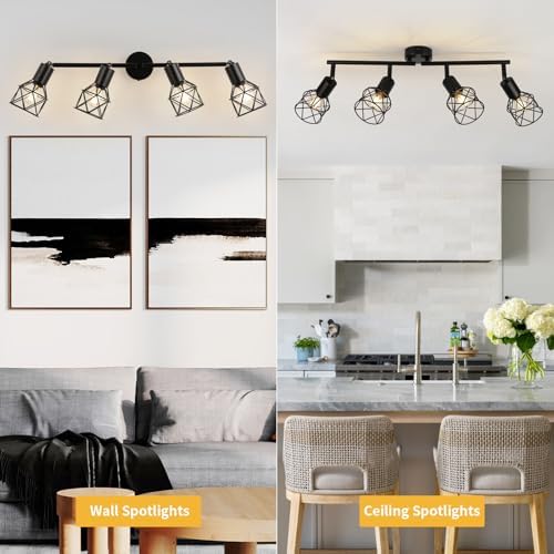FORCOSO 4-Way Industrial Ceiling Spotlight | Black Metal Wire Cage Lamp