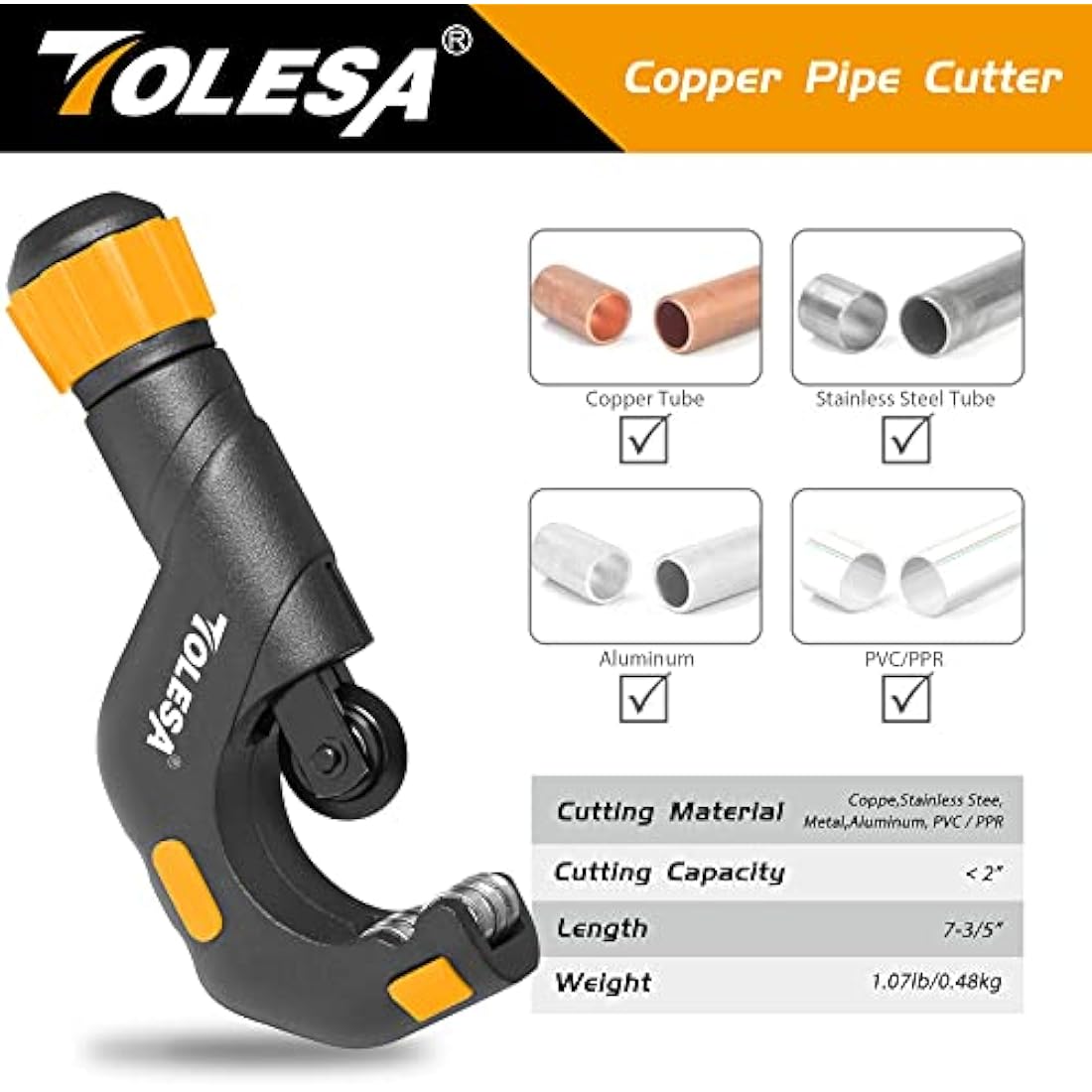 TOLESA Heavy Duty Pipe Cutter 5-50mm with Deburring Tool for Copper
