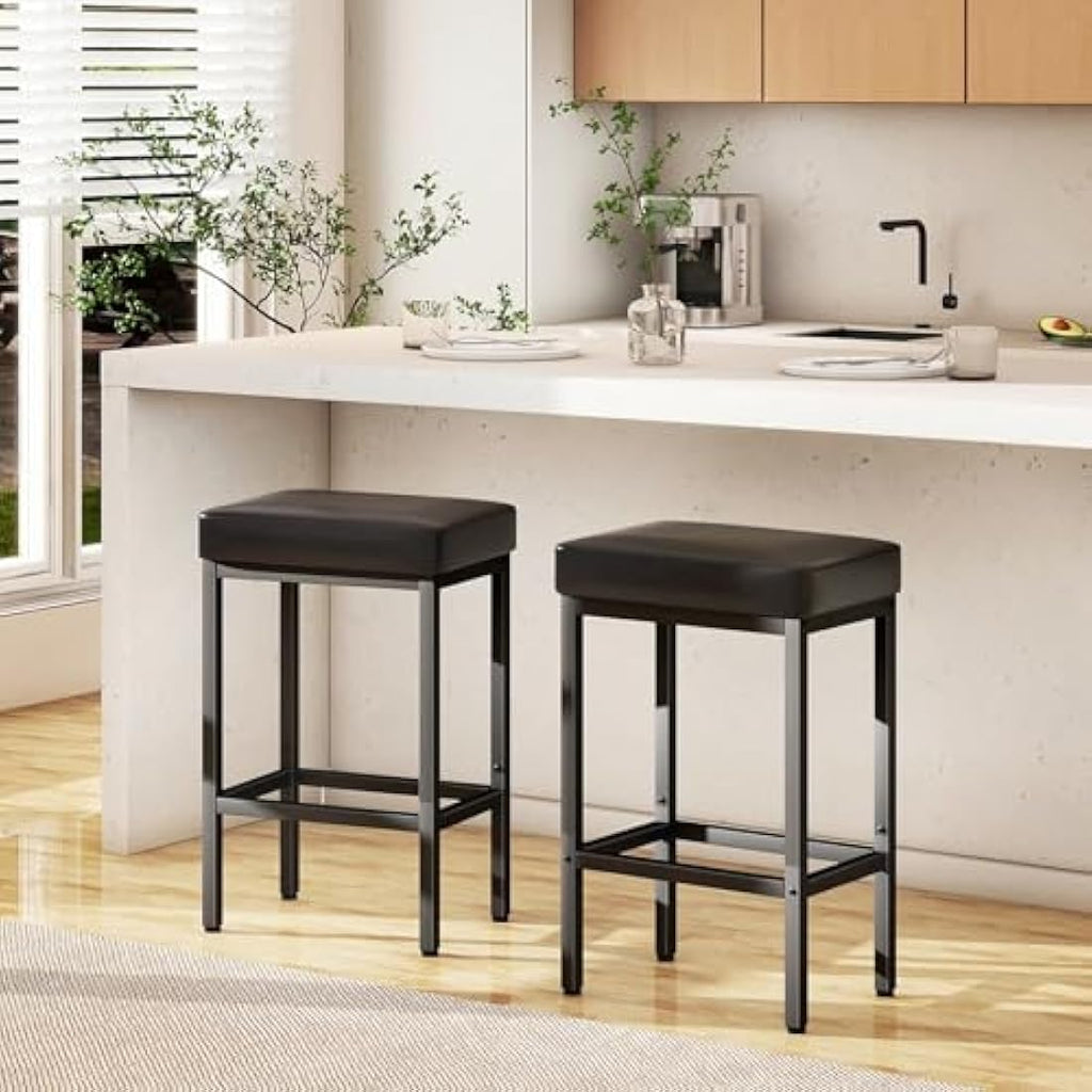 YMYNY Bar Stools Set of 2 – 66cm PU Leather Counter Chairs with Metal Base