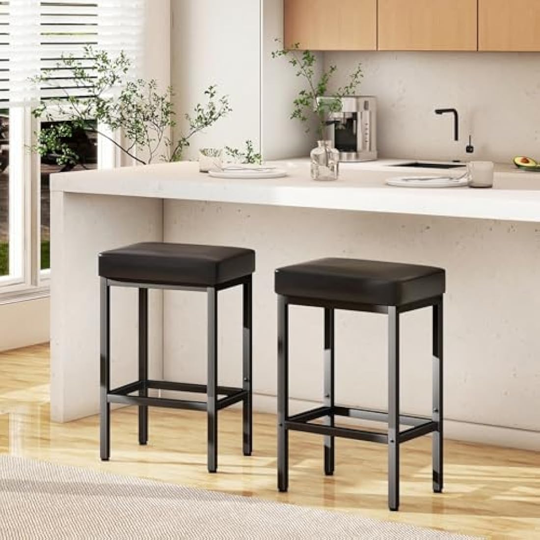 YMYNY Bar Stools Set of 2 – 66cm PU Leather Counter Chairs with Metal Base