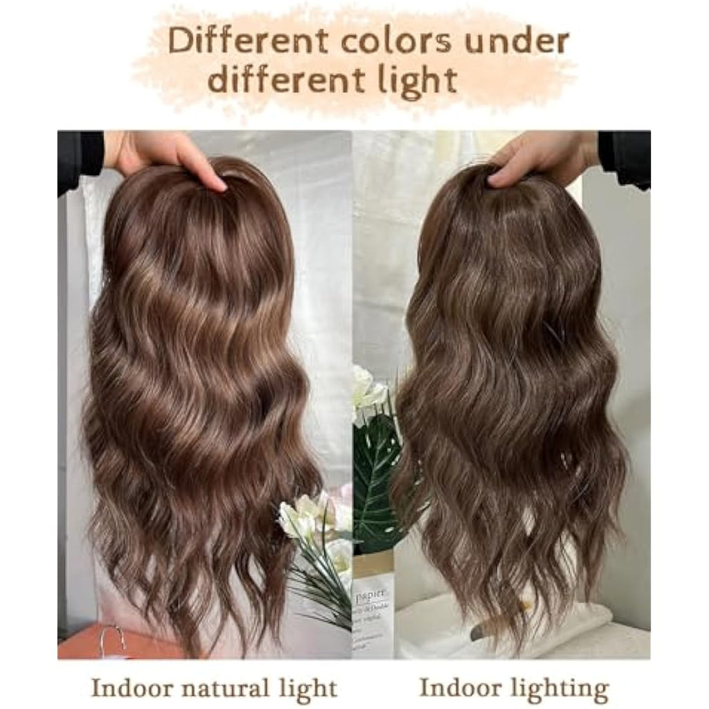 MORICHY 16" Wavy Curly Hair Topper with Fringe – Brown Highlights Clip-In