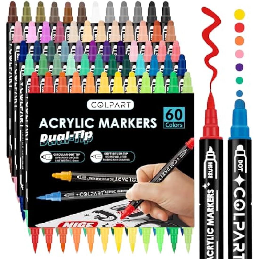 Colpart 60 Colors Dual Tip Acrylic Paint Markers for Rock and Canvas