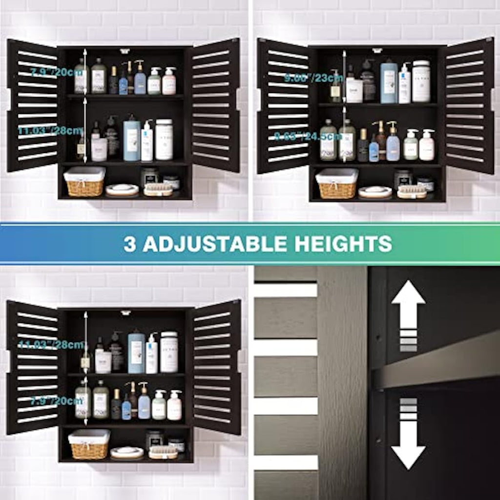SMIBUY Bamboo Wall Mounted Bathroom Cabinet | 2-Door Storage Organizer - Black