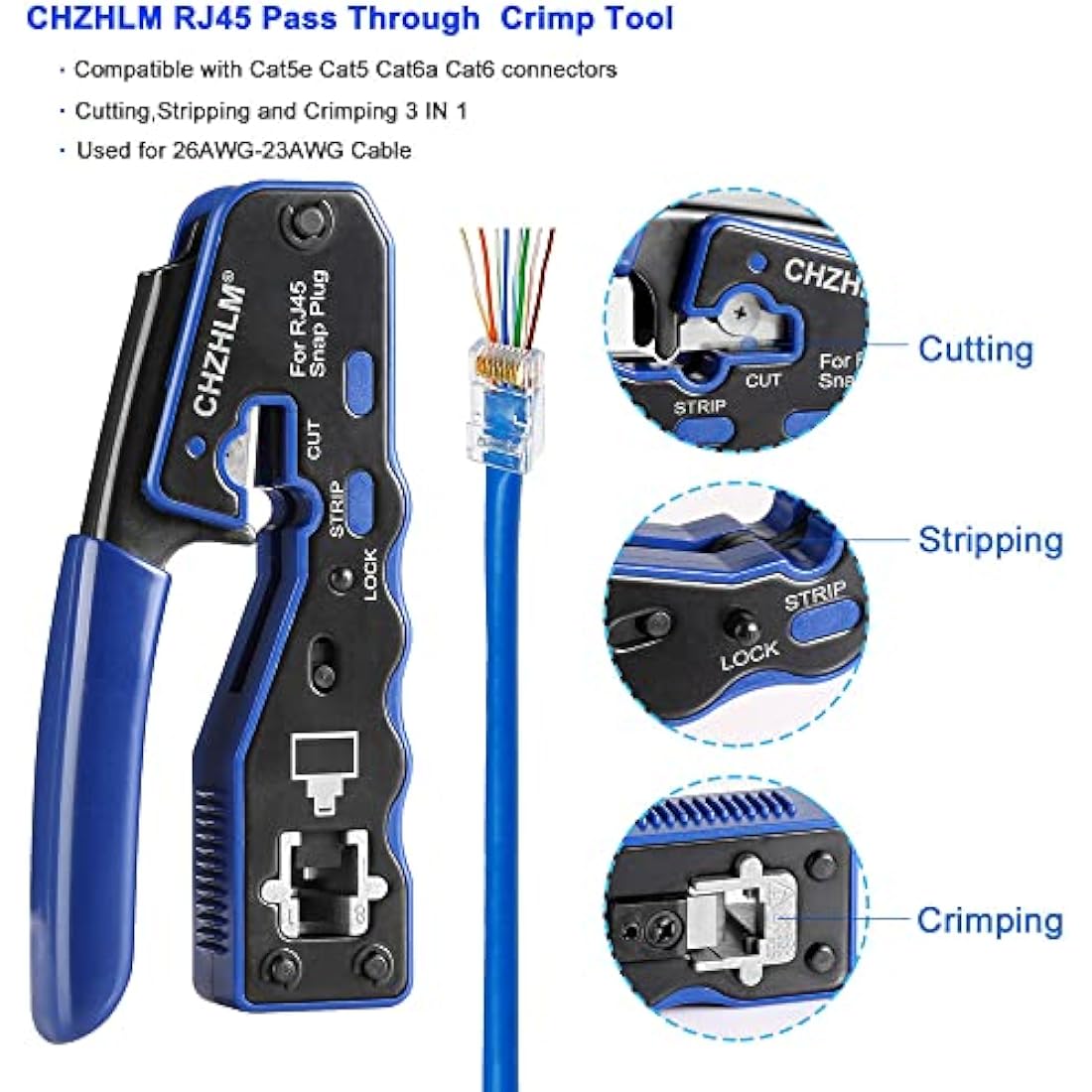 CHZHLM RJ45 Pass Through Crimp Tool Kit for Cat6 Cat5e with 50 Connectors