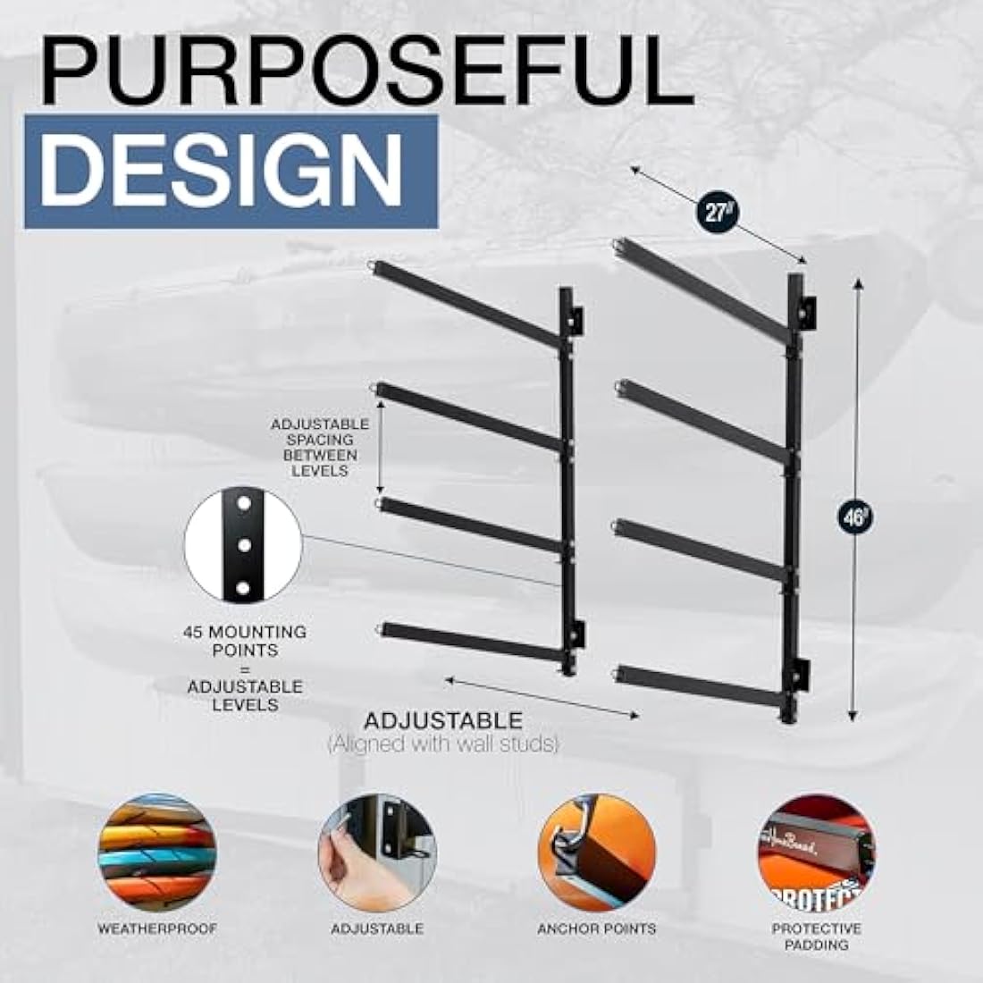 4 Kayak Storage Rack | Heavy-Duty 400lb Wall Mount
