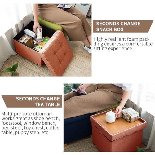 BRIAN & DANY Folding Storage Ottoman | Linen Foot Stool with Wood Legs