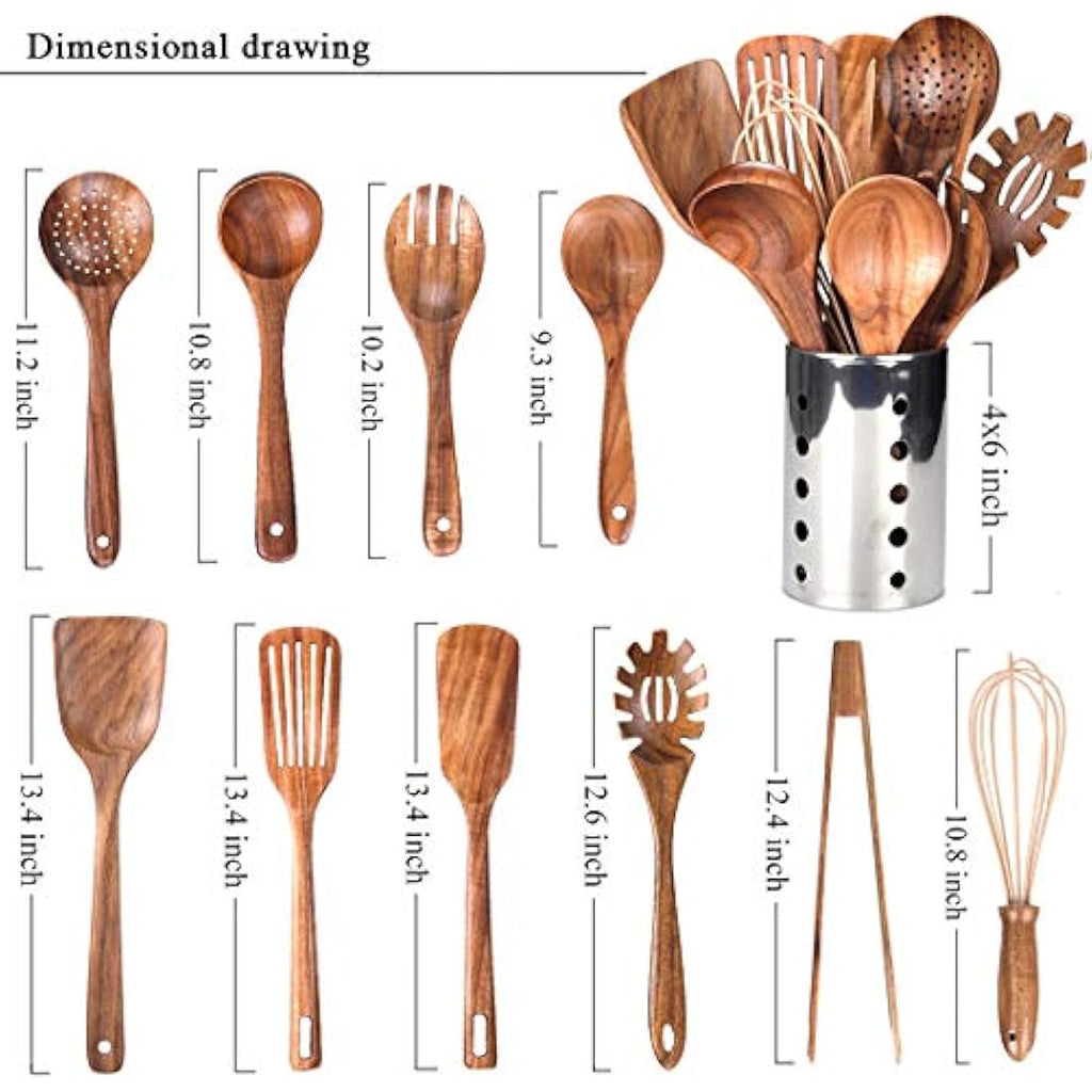 Jolof Store 11-Piece Natural Teak Wood Kitchen Utensil Set with Holder
