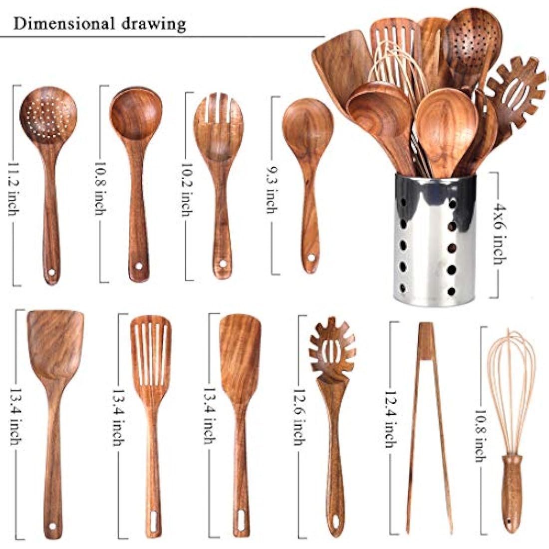 Jolof Store 11-Piece Natural Teak Wood Kitchen Utensil Set with Holder