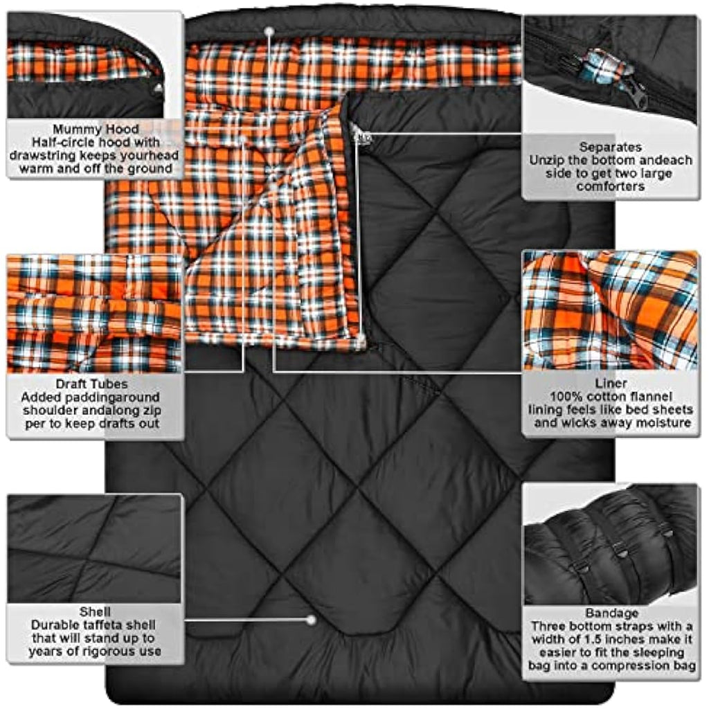 Jolof Store Double Sleeping Bag | 0 Degree Winter Queen Size Cotton Flannel