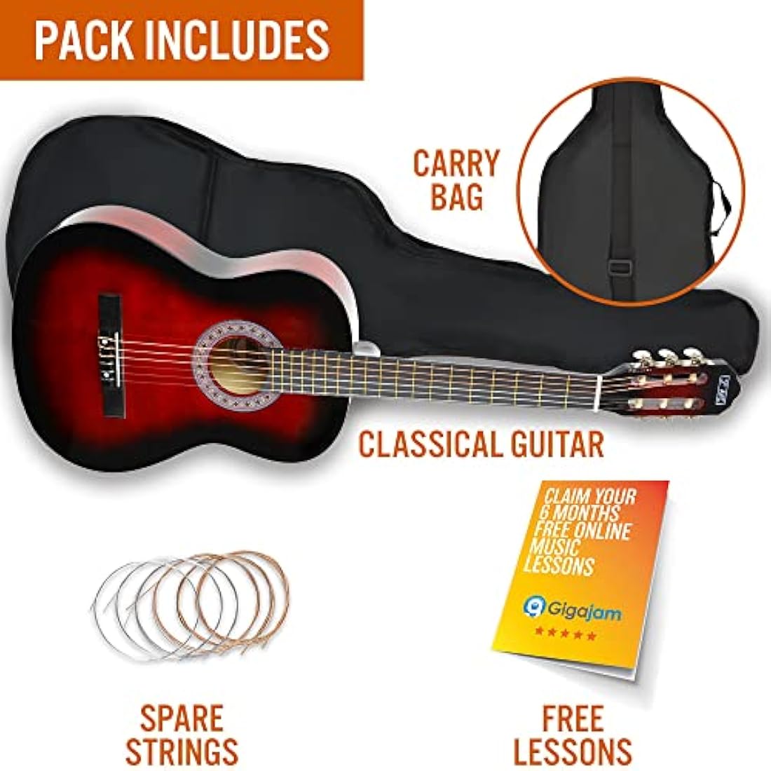 3rd Avenue 3/4 Kids Classical Guitar Bundle | Nylon String - Red
