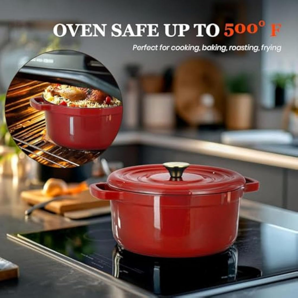 Overmont 5L Enameled Cast Iron Dutch Oven – 26cm Red Pot with Lid