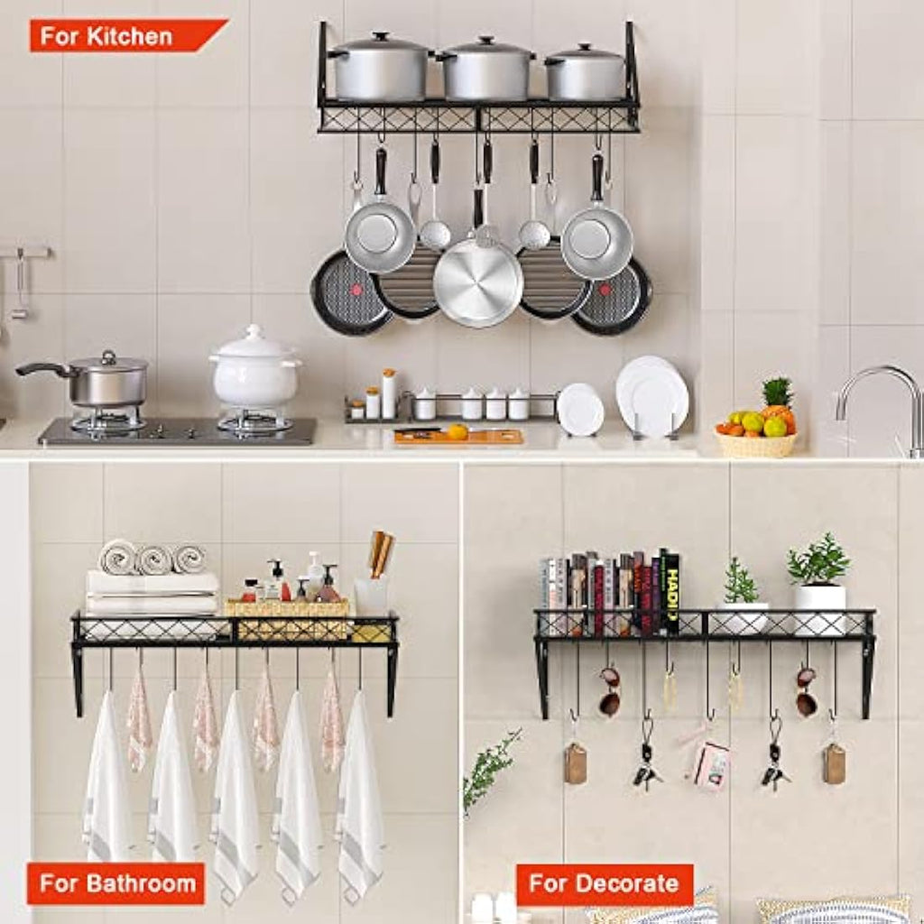 Mutool 70CM Wall Mount Pot Pan Rack | Metal Kitchen Shelf with 10 Hooks