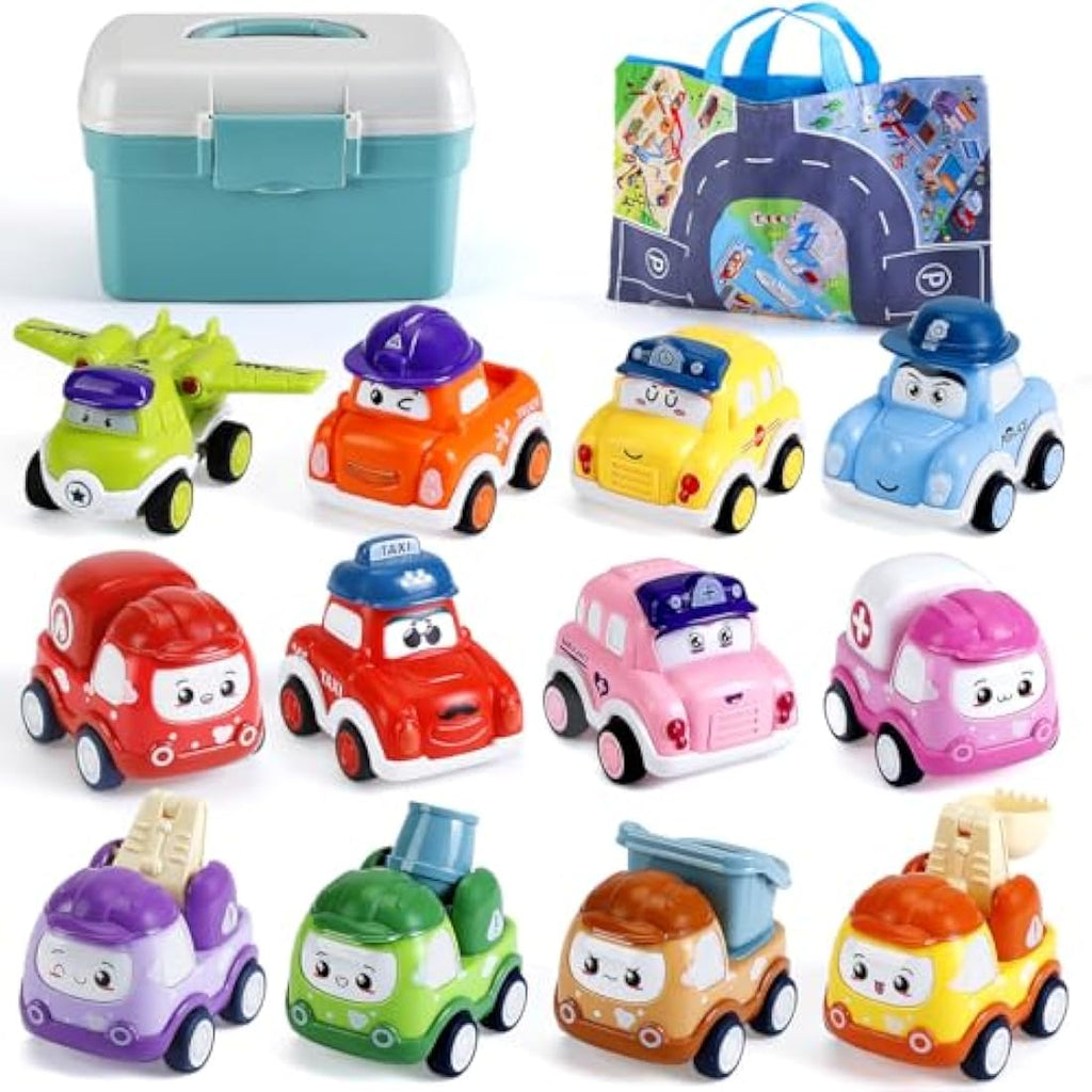 LULULIA 12-Piece Pull Back Toy Cars with Playmat and Storage Box