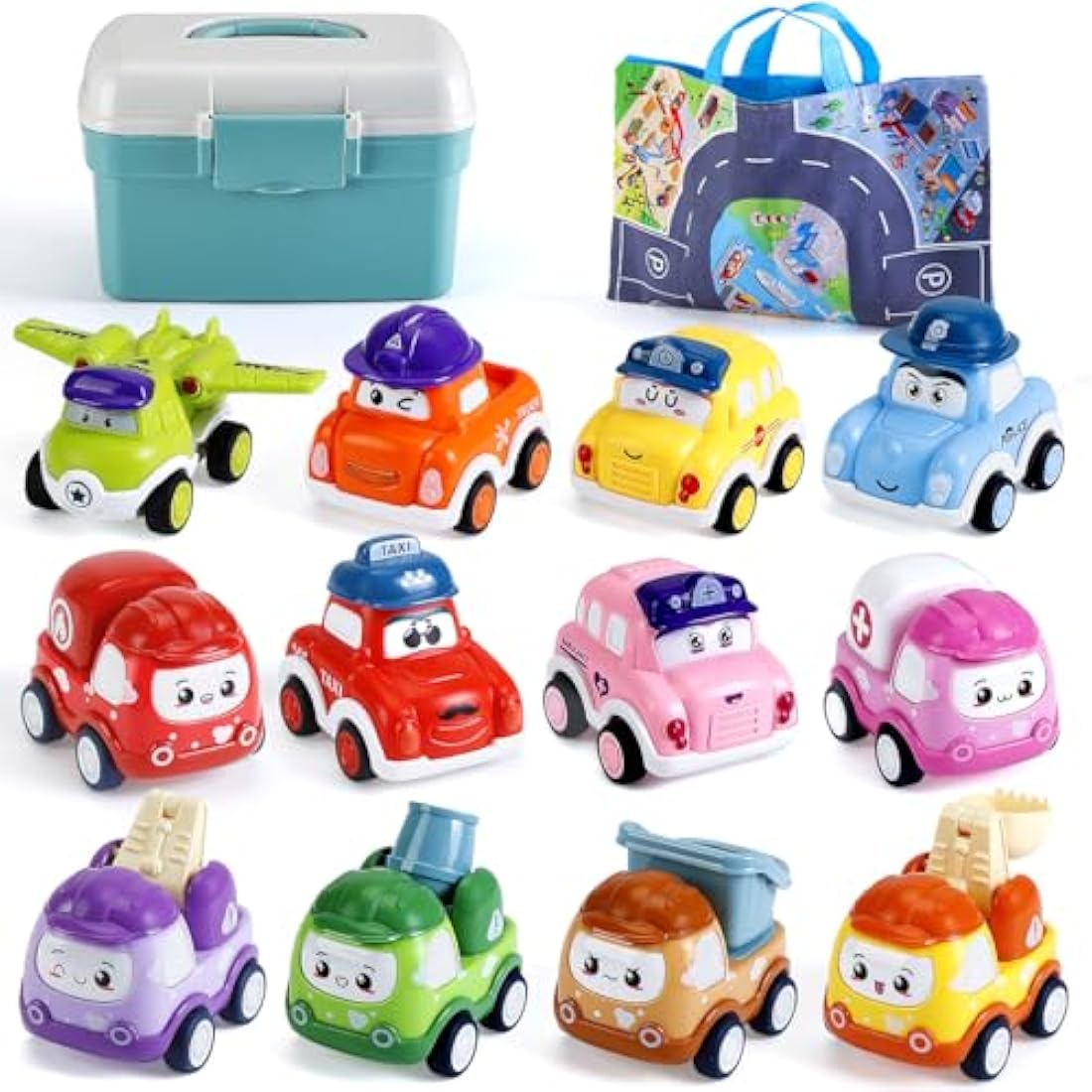 LULULIA 12-Piece Pull Back Toy Cars with Playmat and Storage Box