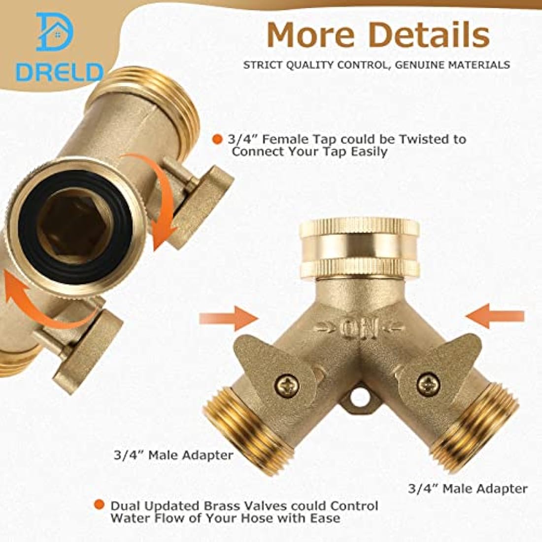 DRELD 3/4" Brass Garden Hose Splitter | 2-Way Tap Manifold Connector
