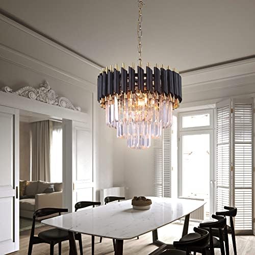 FRIXCHUR Modern 3-Tier Crystal Chandelier – Black and Gold Pendant Light