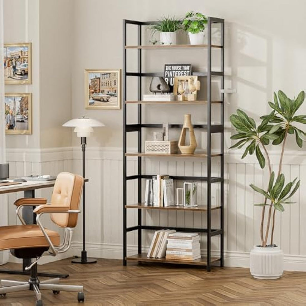 Vovala 5-Tier Industrial Bookshelf – Bamboo & Wood Standing Display Shelf