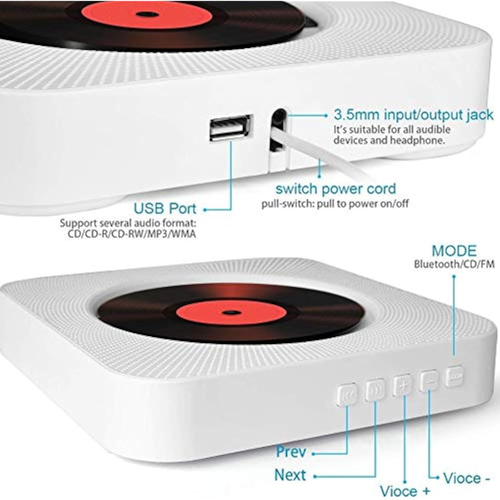 Adirigo Portable Bluetooth CD Player – Wall Mounted HiFi Home Audio (White)