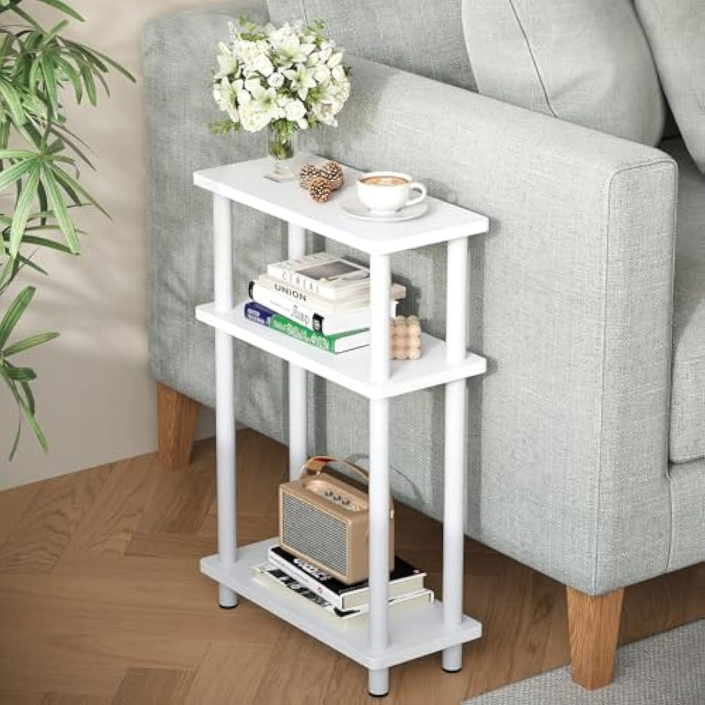 APICIZON Narrow Side Table | 3-Tier Slim End Table with Magazine Rack, White