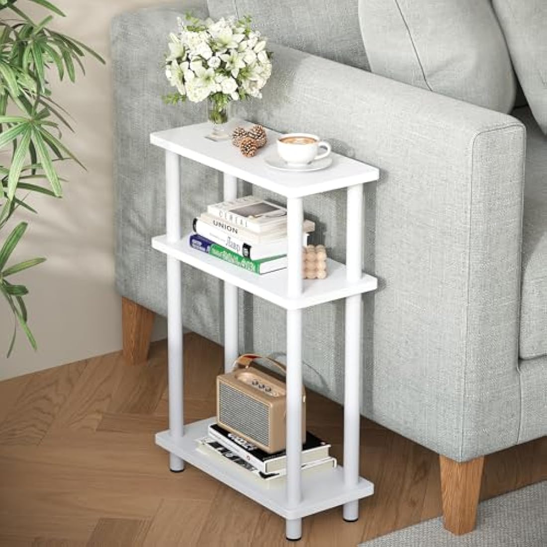 APICIZON Narrow Side Table | 3-Tier Slim End Table with Magazine Rack, White