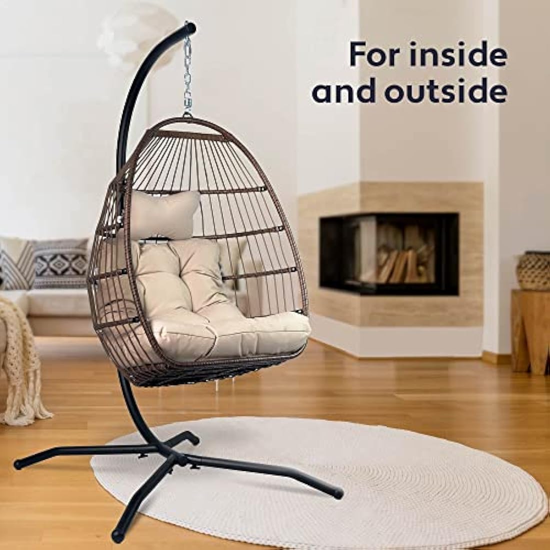 Vita5 Foldable Hanging Egg Chair with Frame | Polyrattan Swing – Beige