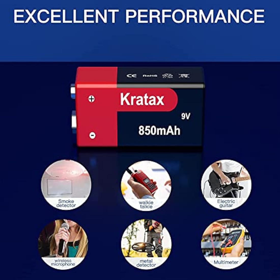 Kratax 9V Rechargeable Li-ion Battery | 850mAh High Capacity | 2 Pack