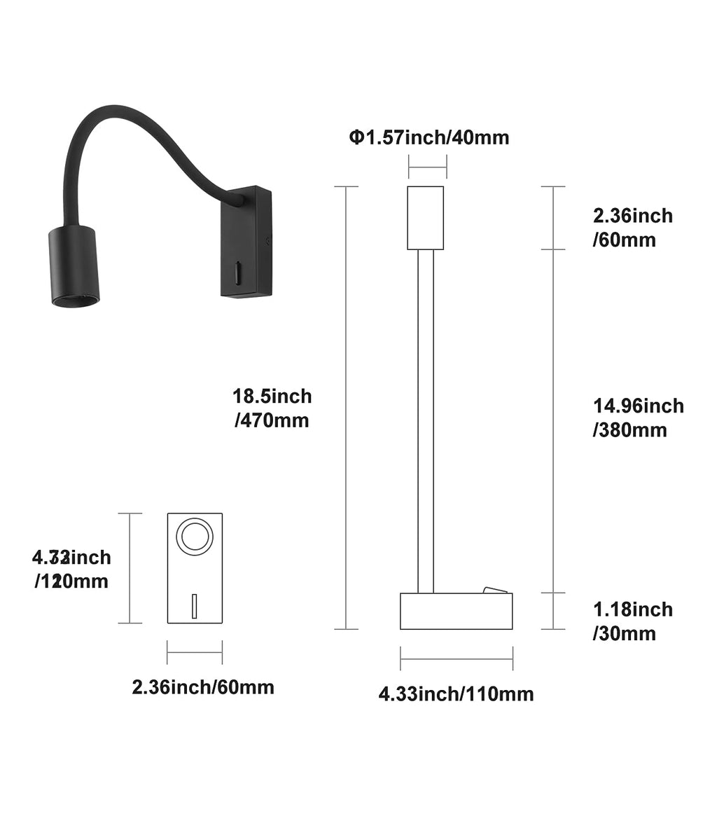 DAWALLIGHT 5W LED Gooseneck Reading Light | Black Wall Mounted Bedside Lamp