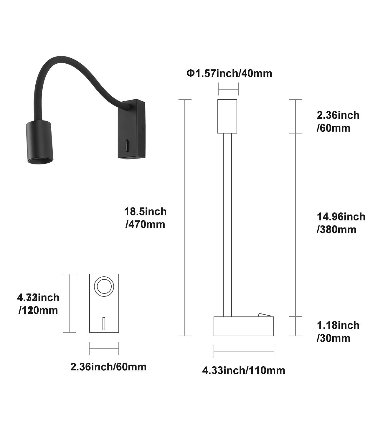 DAWALLIGHT 5W LED Gooseneck Reading Light | Black Wall Mounted Bedside Lamp